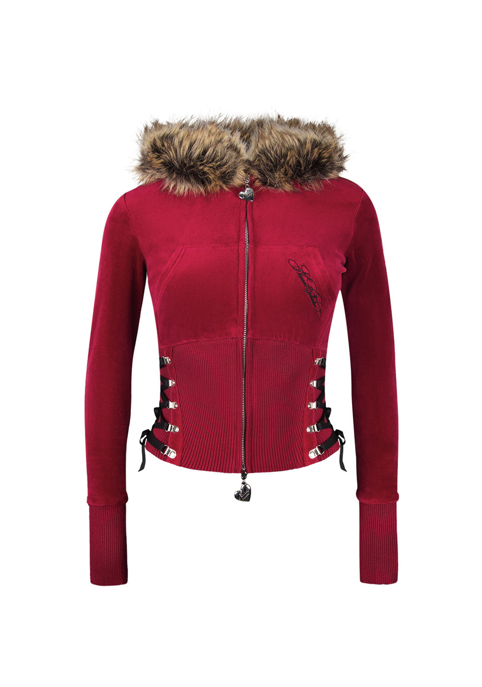 REBEL FAUX FUR VELOUR ZIP HOODIE DARK RED (DETACHABLE FUR)