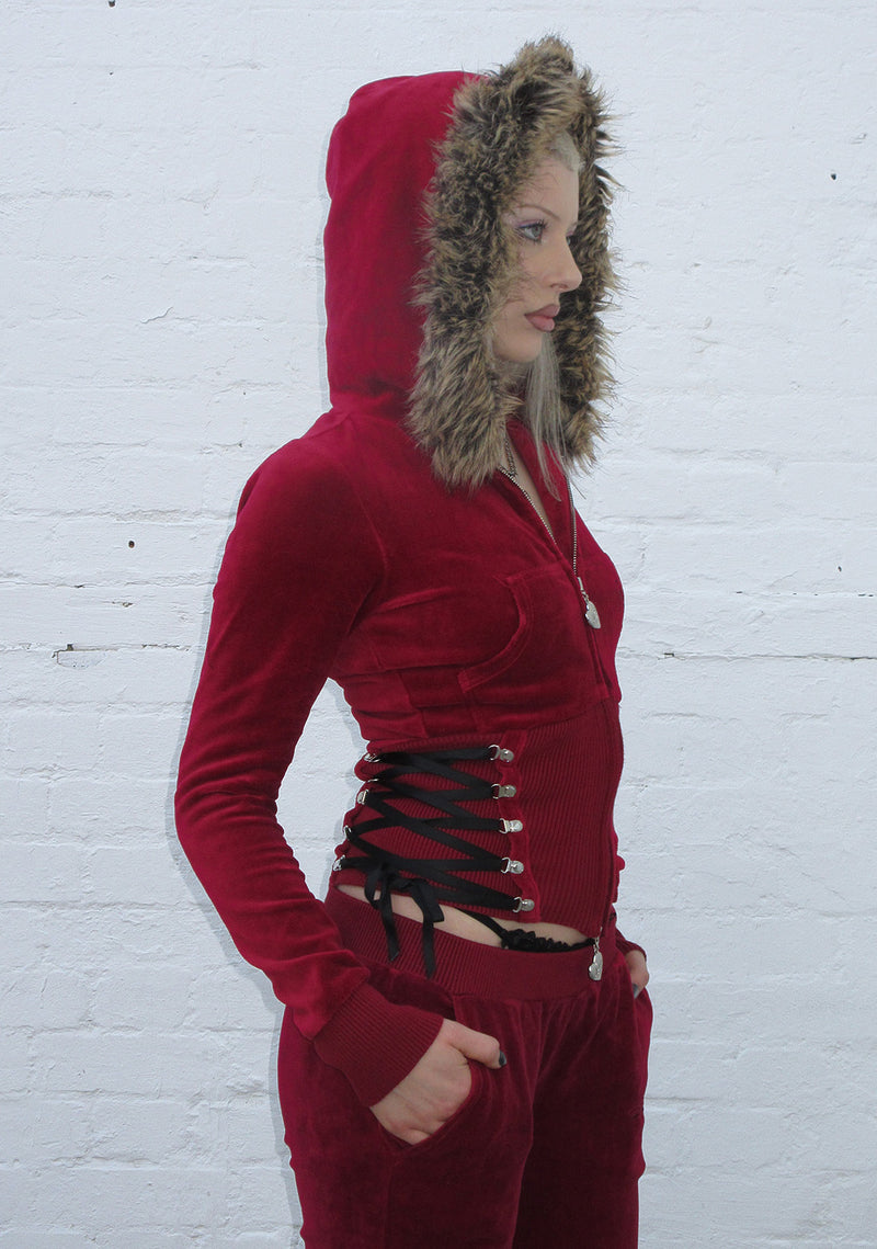 REBEL FAUX FUR VELOUR ZIP HOODIE DARK RED (DETACHABLE FUR)