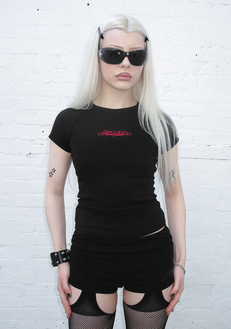REBEL LACE UP BABY TEE BLACK AND RED