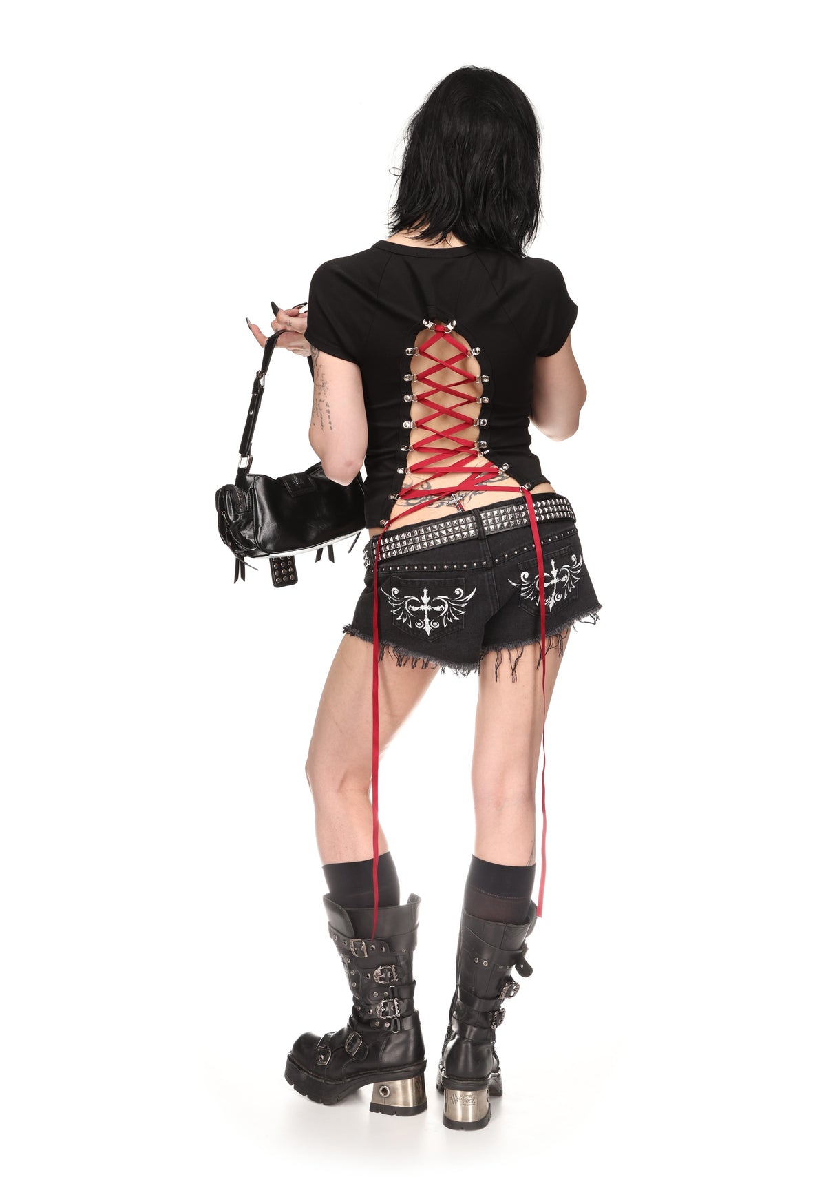 REBEL LACE UP BABY TEE BLACK AND RED