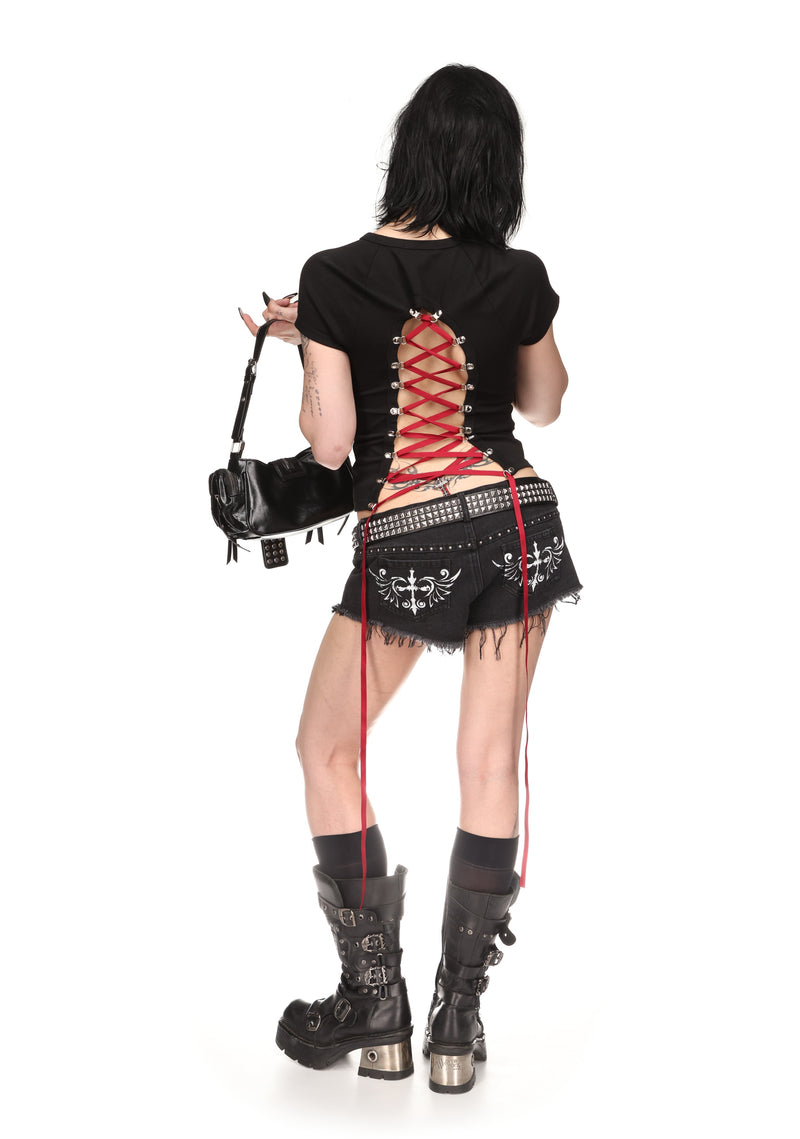 REBEL LACE UP BABY TEE BLACK AND RED