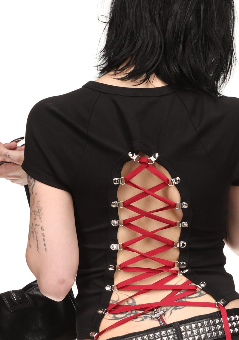 REBEL LACE UP BABY TEE BLACK AND RED