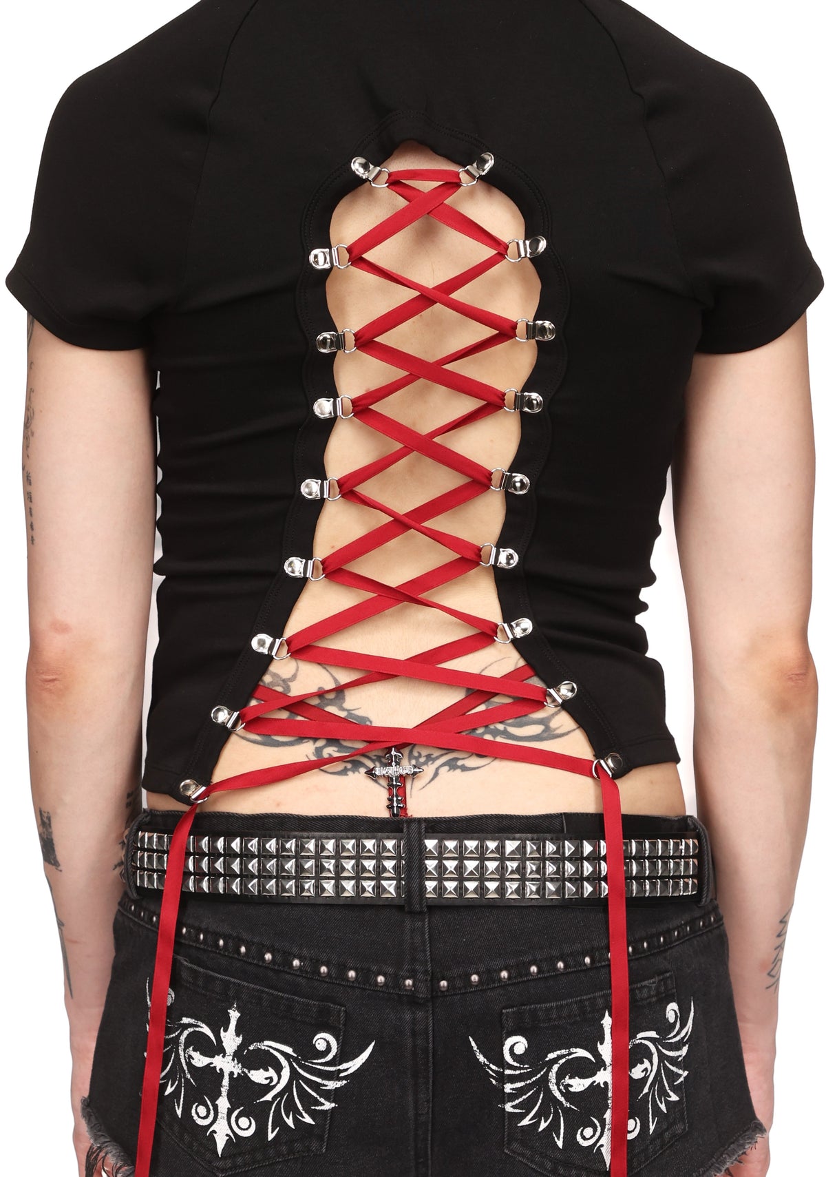 REBEL LACE UP BABY TEE BLACK AND RED