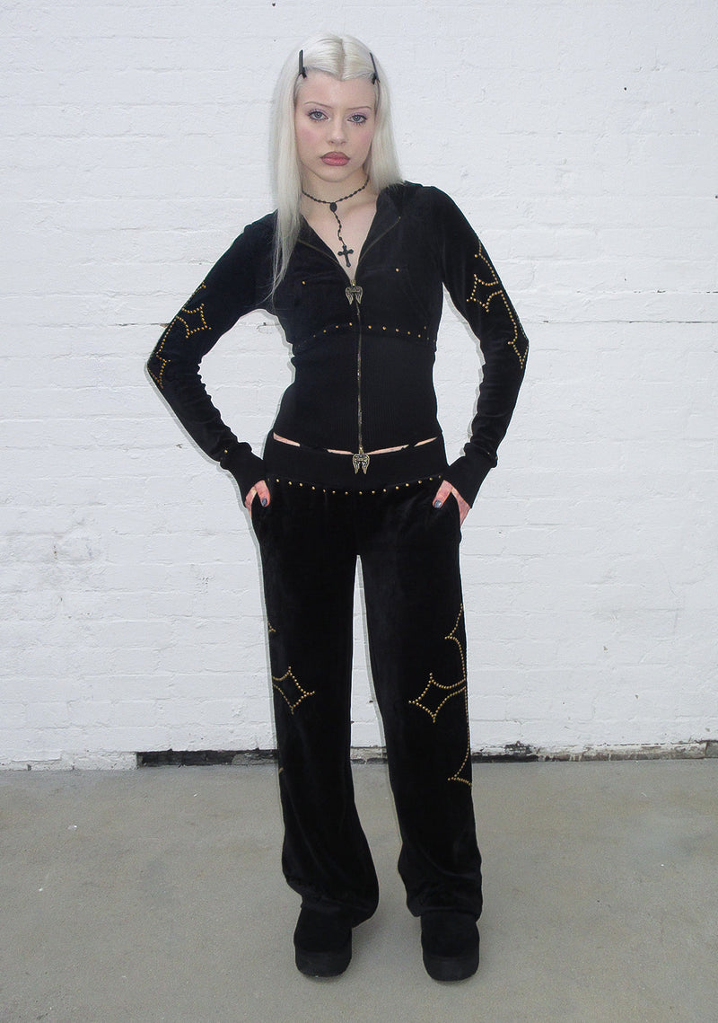 REBEL STUDDED VELOUR ZIP HOODIE BLACK