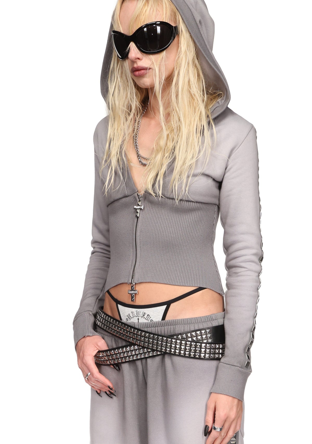 RUMOUR STUDDED FITTED ZIP HOODIE GRADIENT GREY