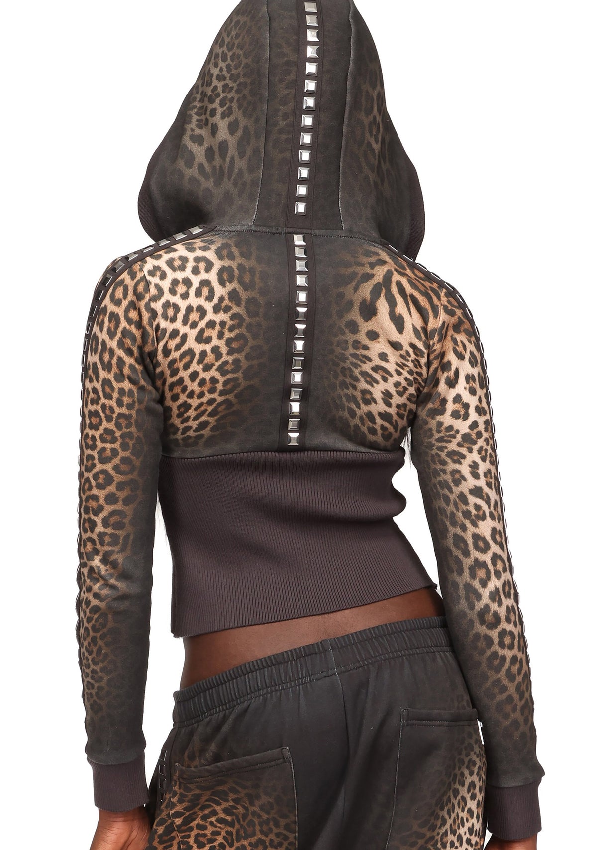 RUMOUR STUDDED FITTED ZIP HOODIE LEOPARD