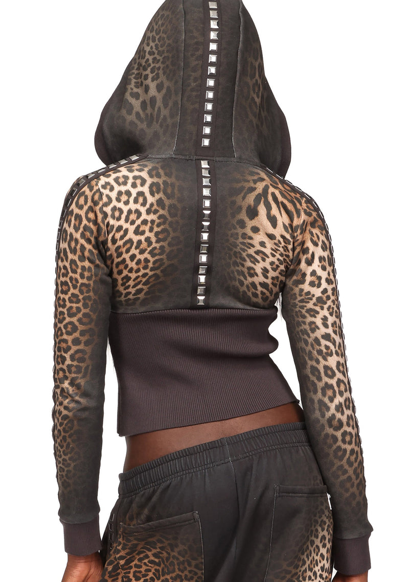 RUMOUR STUDDED FITTED ZIP HOODIE LEOPARD