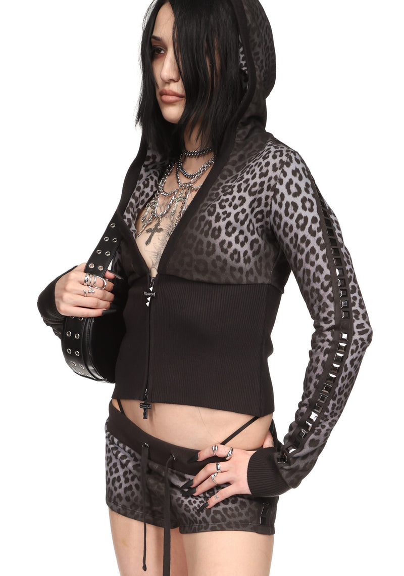 RUMOUR STUDDED FITTED ZIP HOODIE GREY LEOPARD