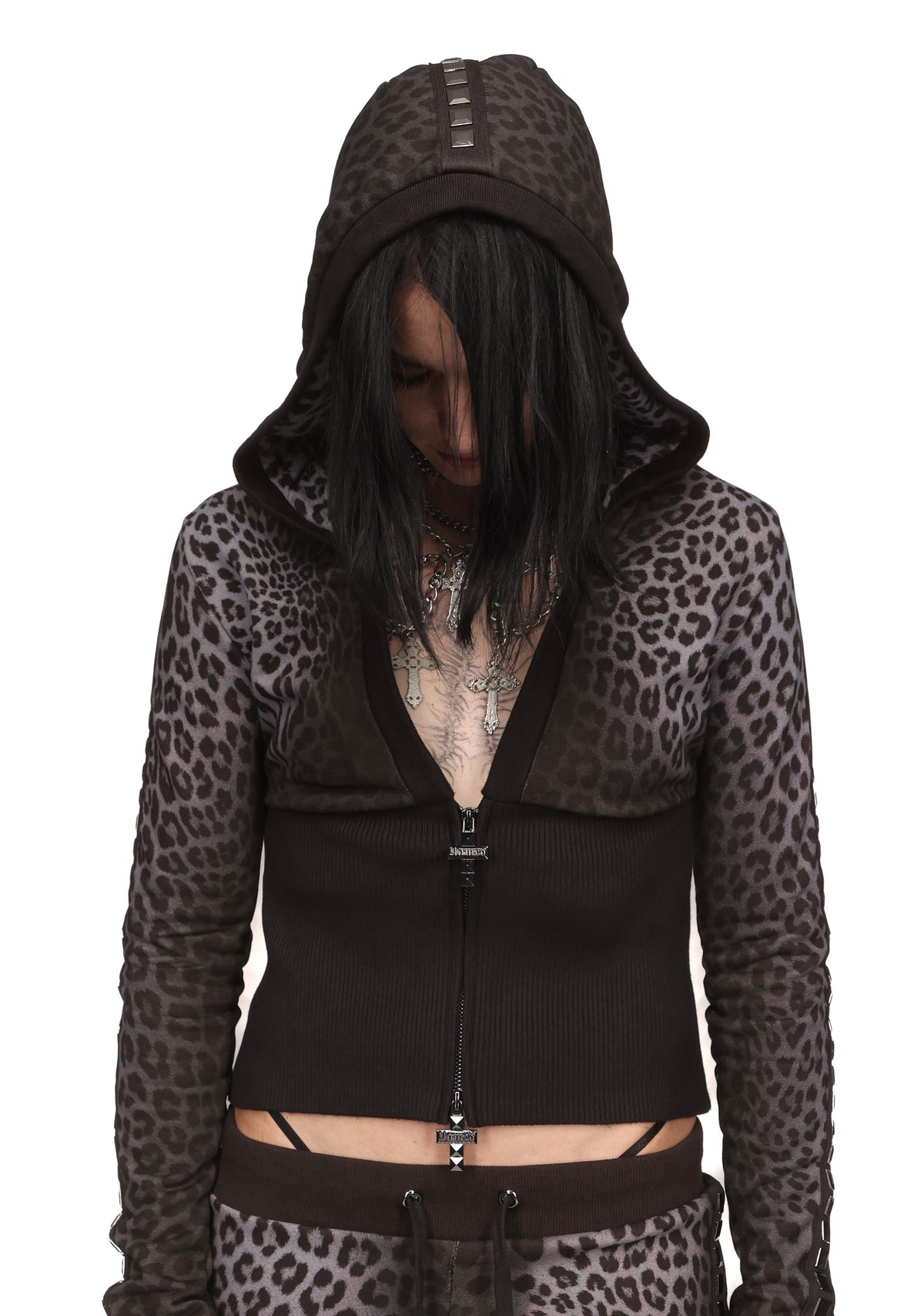 RUMOUR STUDDED FITTED ZIP HOODIE GREY LEOPARD
