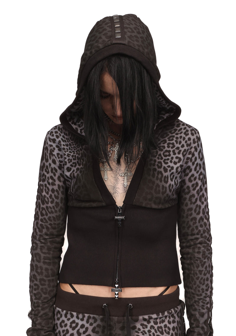 RUMOUR STUDDED FITTED ZIP HOODIE GREY LEOPARD