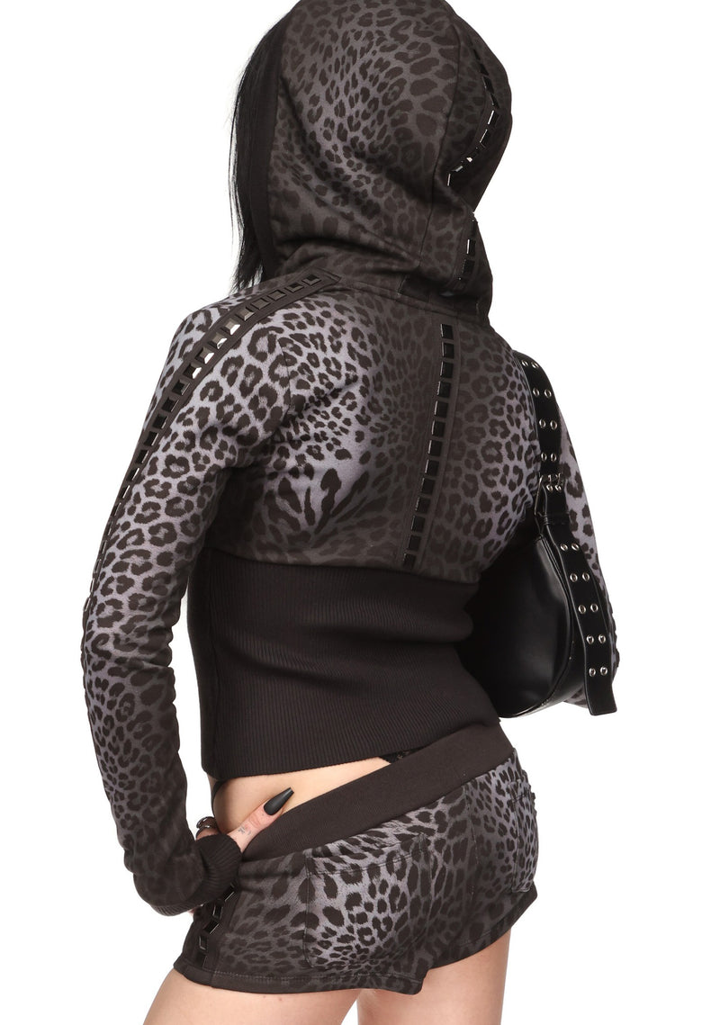 RUMOUR STUDDED FITTED ZIP HOODIE GREY LEOPARD