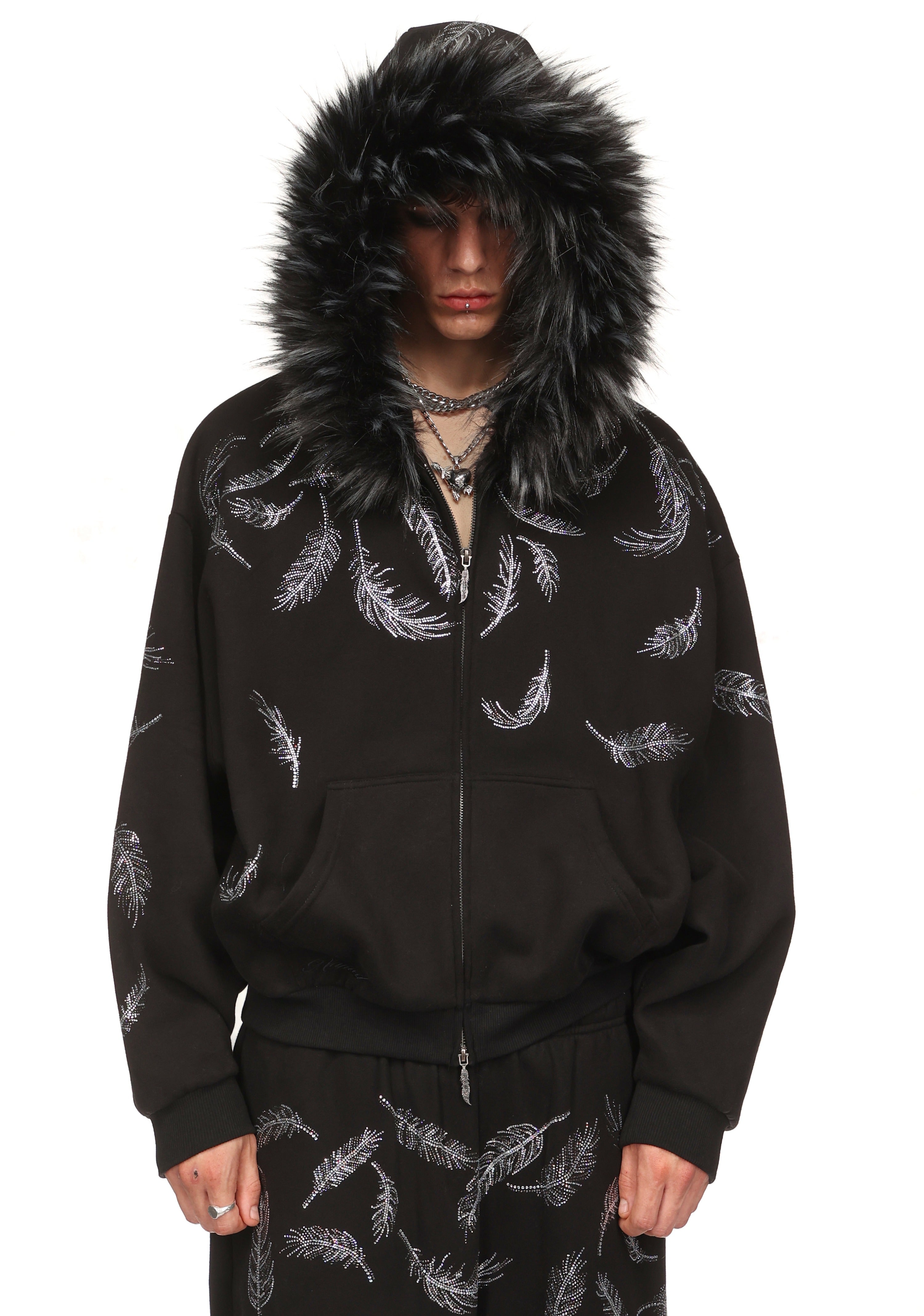 SAINT RHINESTONE ZIP HOODIE BLACK (DETACHABLE FUR) – NAMED COLLECTIVE®