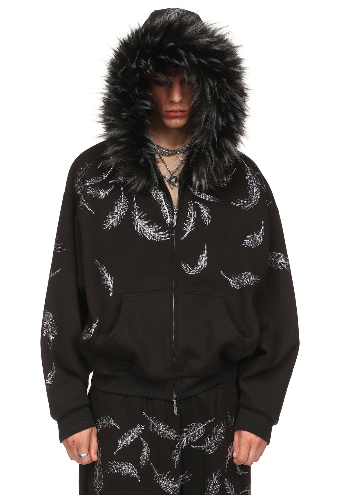 SAINT RHINESTONE ZIP HOODIE BLACK (DETACHABLE FUR)