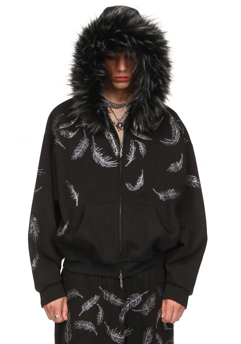 SAINT RHINESTONE ZIP HOODIE BLACK (DETACHABLE FUR)