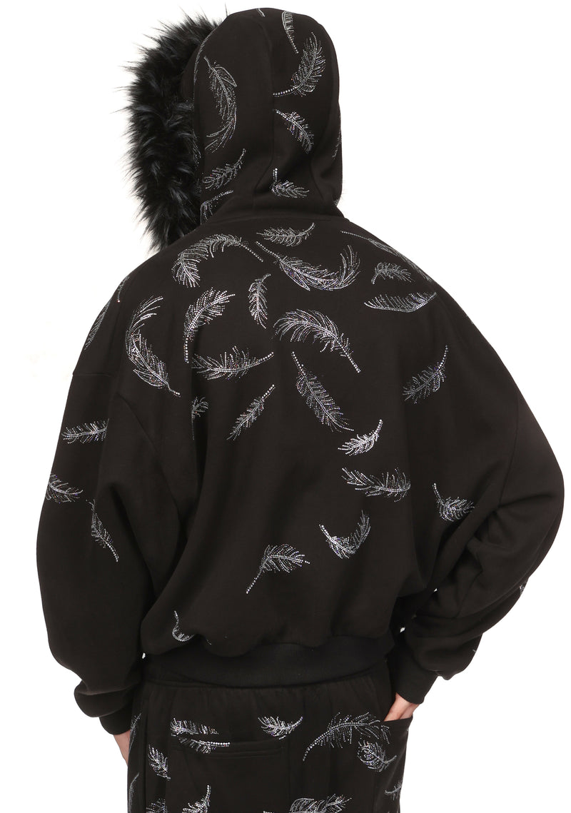 SAINT RHINESTONE ZIP HOODIE BLACK (DETACHABLE FUR)