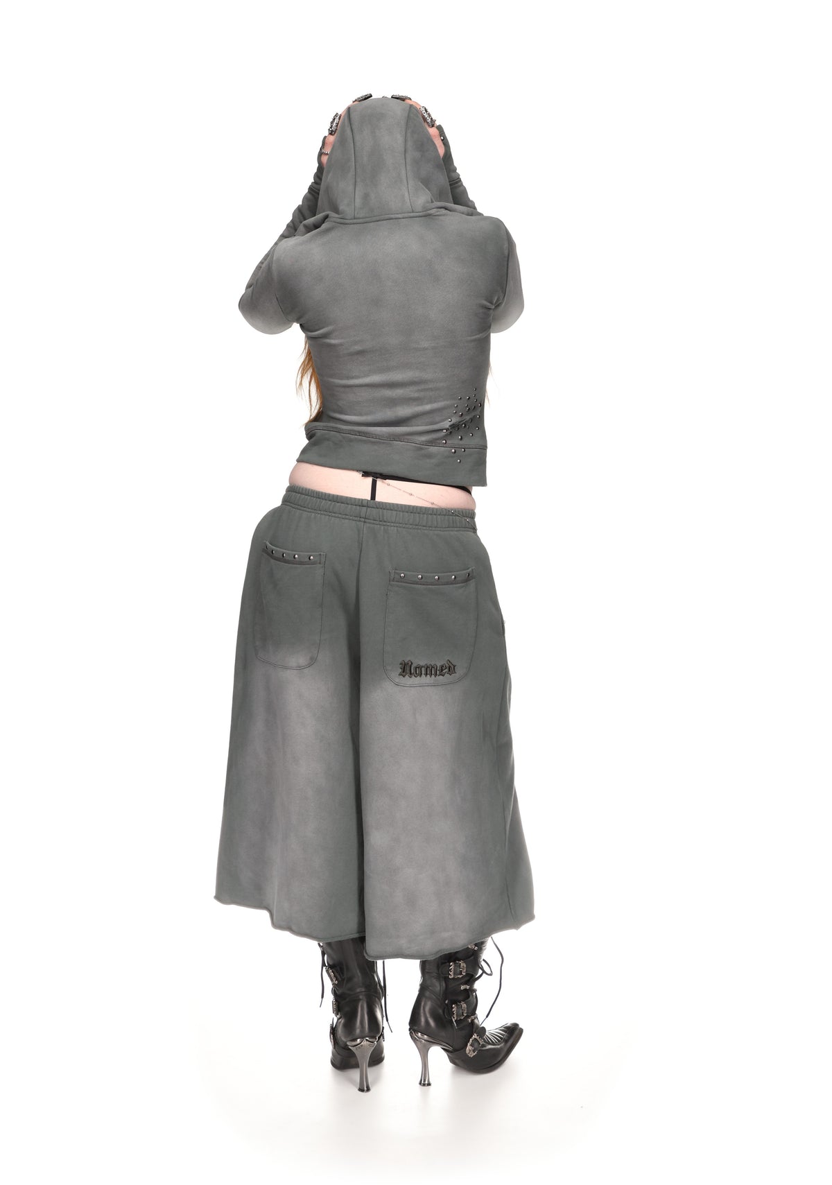 SHADOW STUDDED FITTED HOODIE WASHED GREY