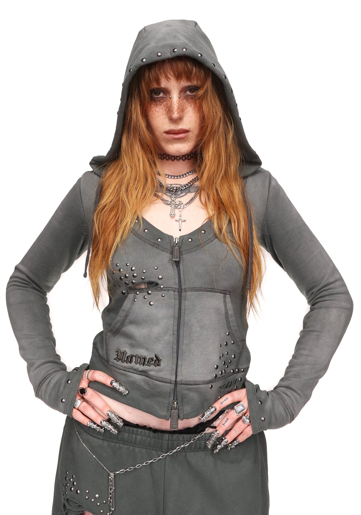 SHADOW STUDDED FITTED HOODIE WASHED GREY