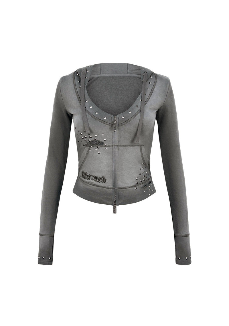 SHADOW STUDDED FITTED HOODIE WASHED GREY