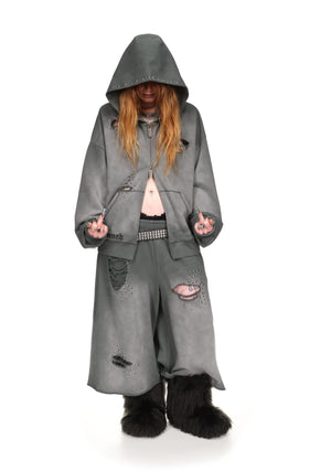 SHADOW STUDDED ZIP HOODIE WASHED GREY