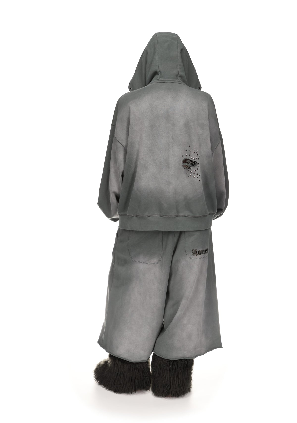SHADOW STUDDED ZIP HOODIE WASHED GREY