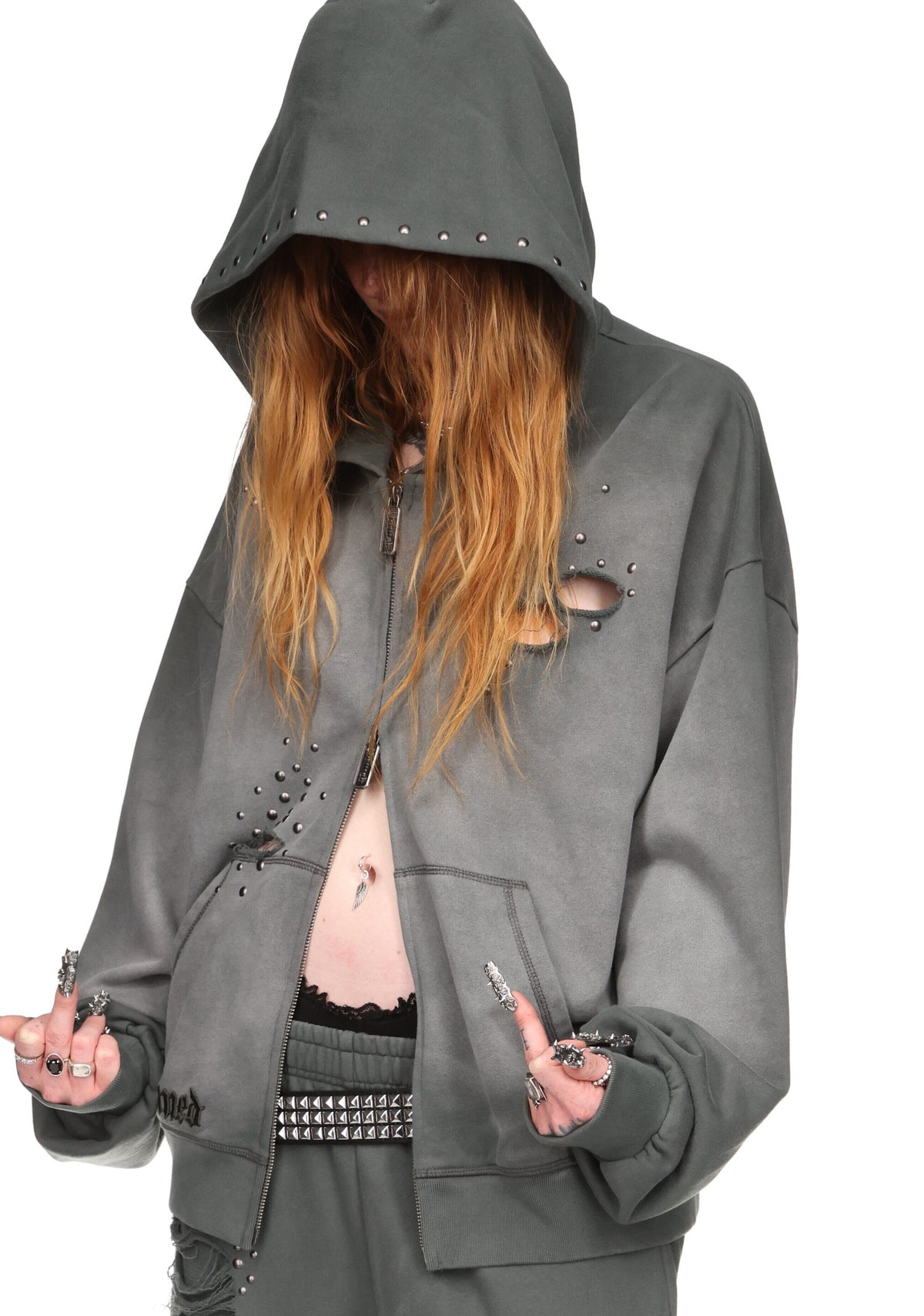 SHADOW STUDDED ZIP HOODIE WASHED GREY