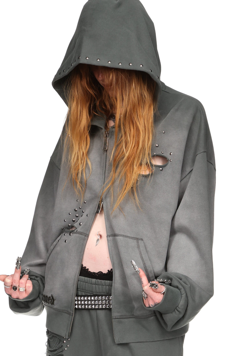 SHADOW STUDDED ZIP HOODIE WASHED GREY