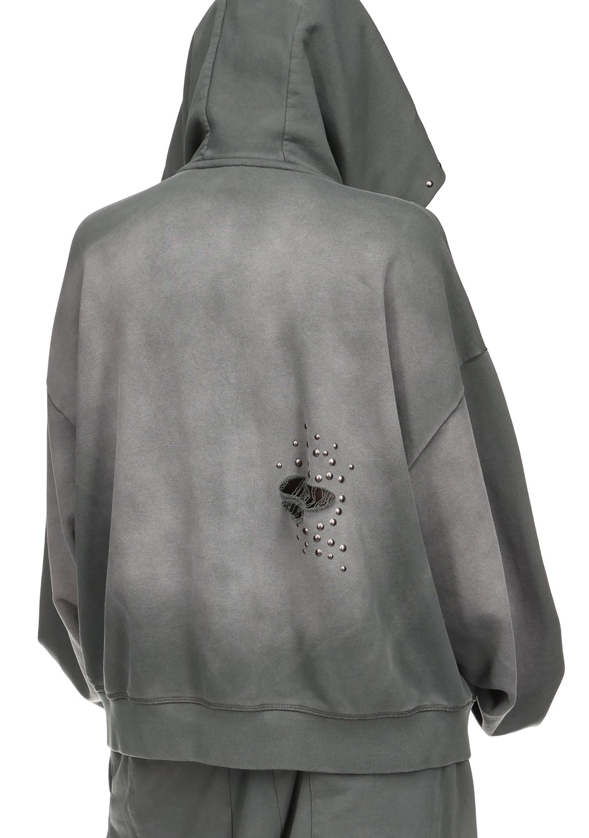 SHADOW STUDDED ZIP HOODIE WASHED GREY