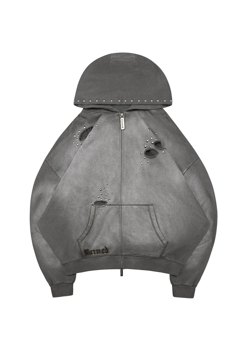 SHADOW STUDDED ZIP HOODIE WASHED GREY