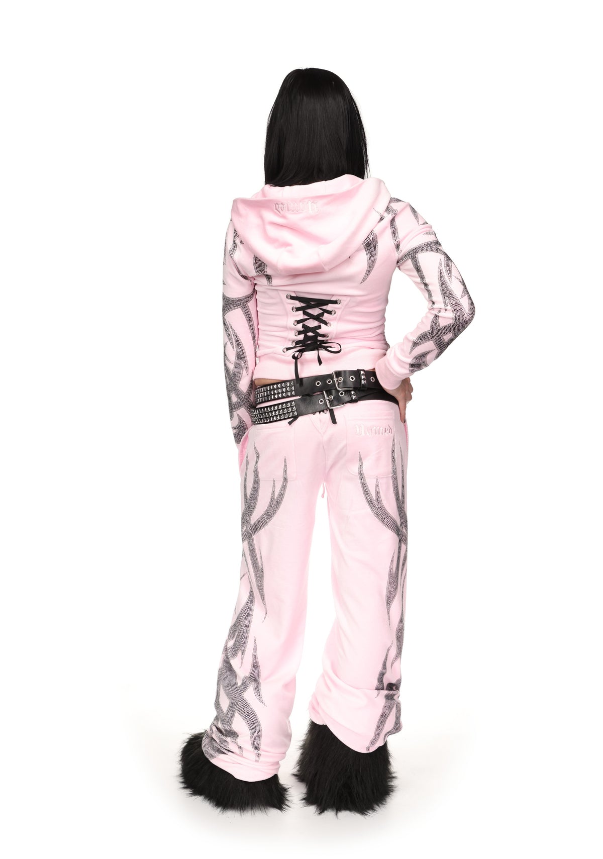 SIGNAL RHINESTONE VELOUR HOODIE BABY PINK