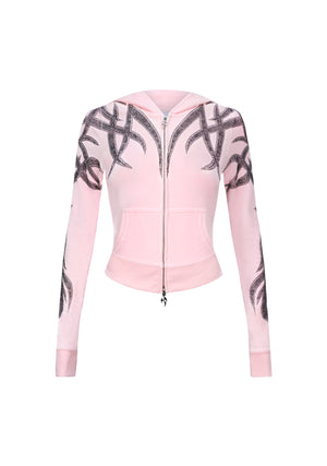 SIGNAL RHINESTONE VELOUR HOODIE BABY PINK
