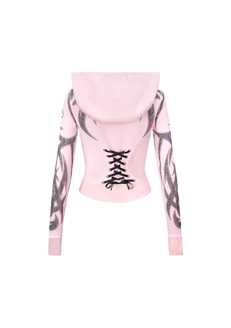 SIGNAL RHINESTONE VELOUR HOODIE BABY PINK