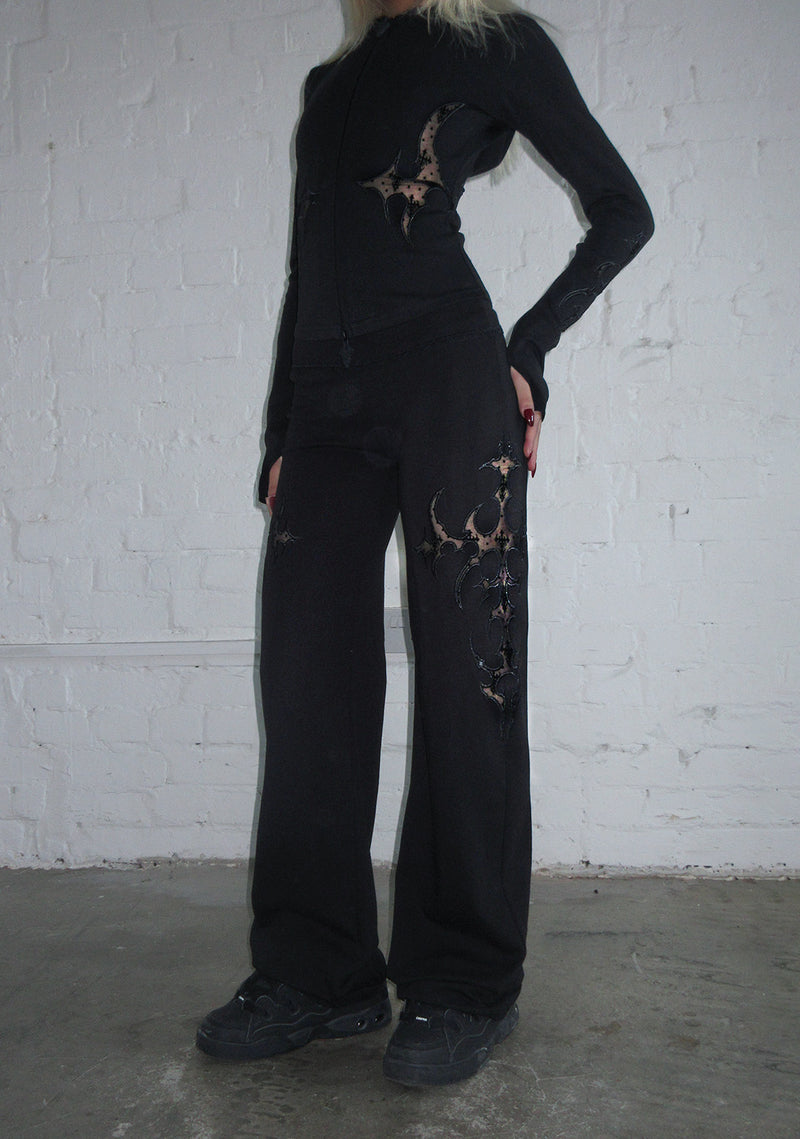 SINNER LACE CUT OUT SCULPT STRETCH PANTS BLACK