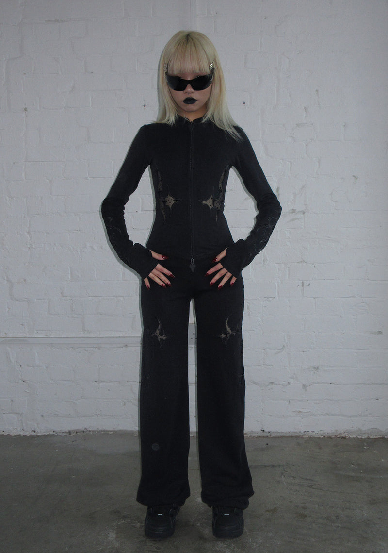 SINNER LACE CUT OUT SCULPT STRETCH PANTS BLACK