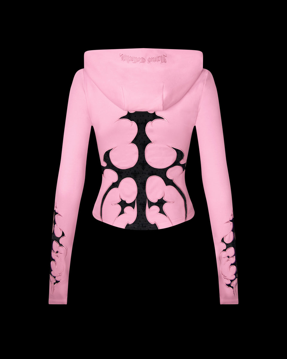 SINNER LACE CUT OUT SCULPT STRETCH ZIP HOODIE BABY PINK