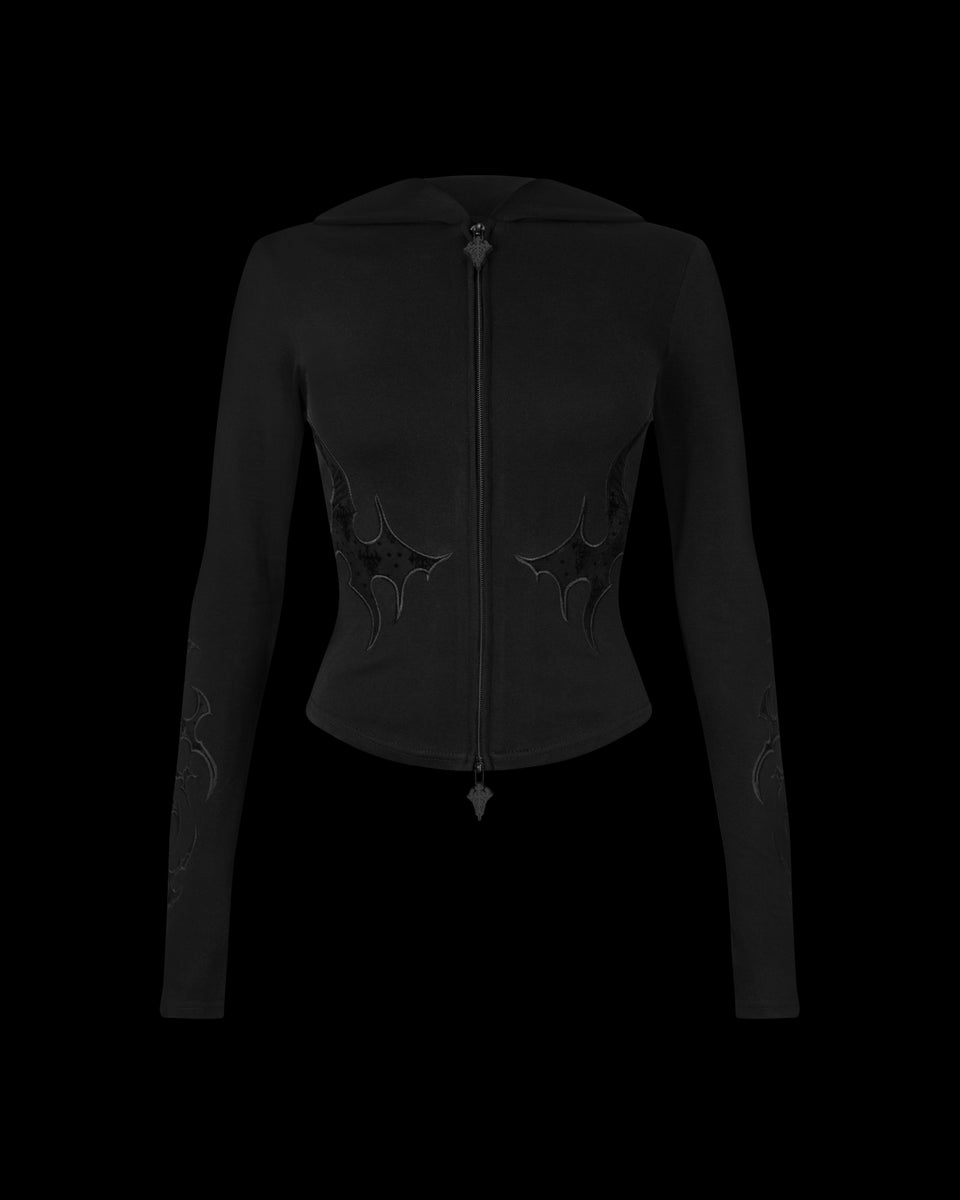 SINNER LACE CUT OUT SCULPT STRETCH ZIP HOODIE BLACK