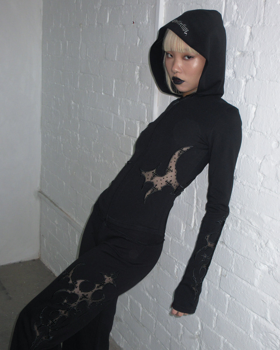 SINNER LACE CUT OUT SCULPT STRETCH ZIP HOODIE BLACK