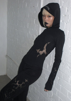 SINNER LACE CUT OUT SCULPT STRETCH ZIP HOODIE BLACK