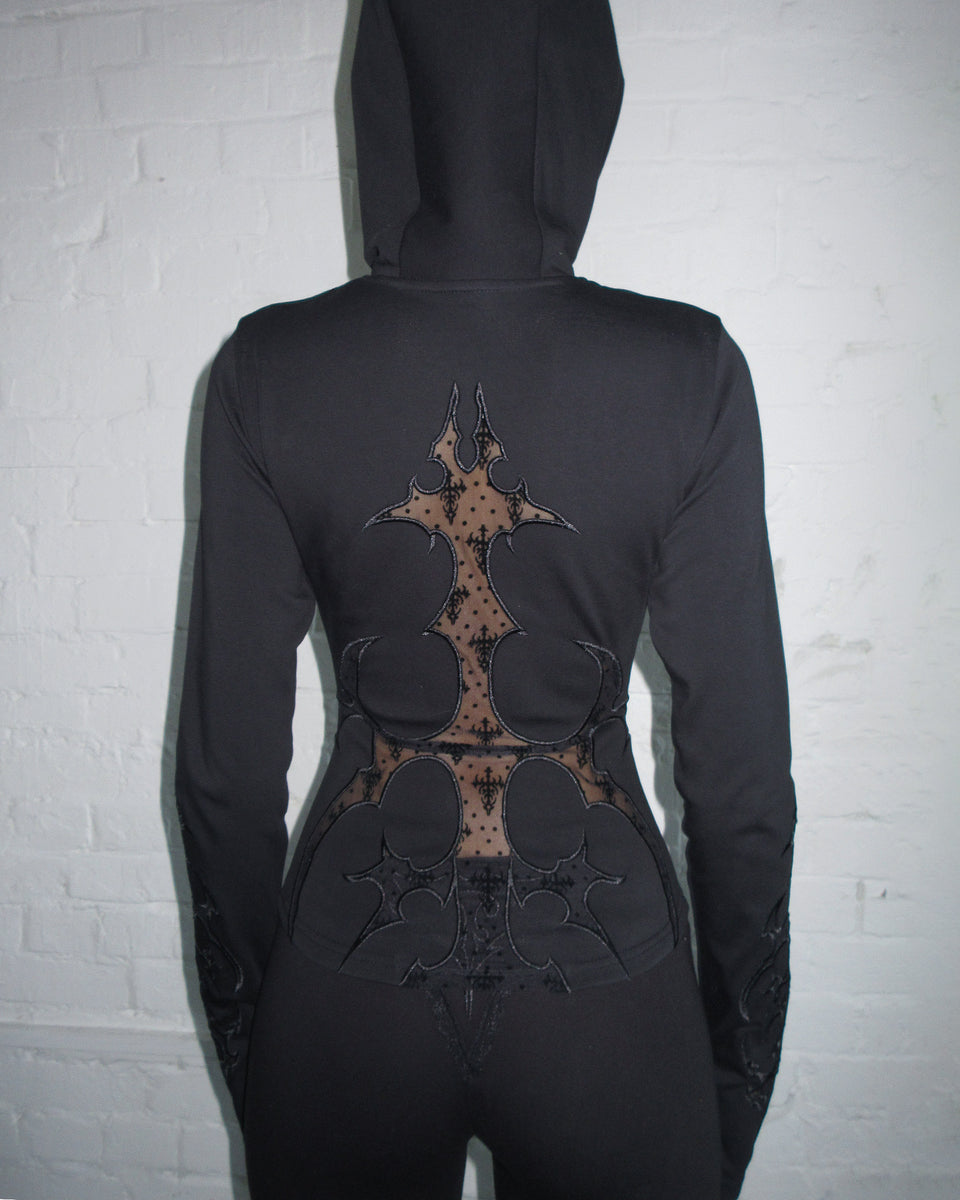 SINNER LACE CUT OUT SCULPT STRETCH ZIP HOODIE BLACK