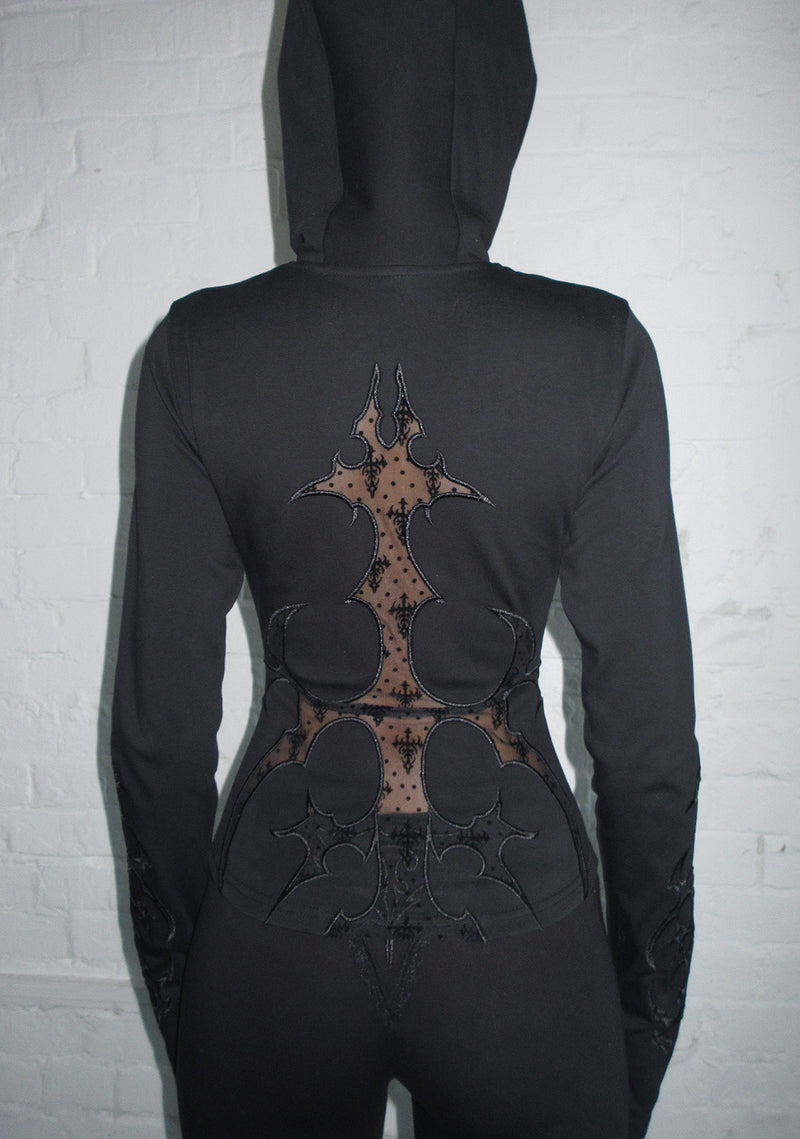 SINNER LACE CUT OUT SCULPT STRETCH ZIP HOODIE BLACK
