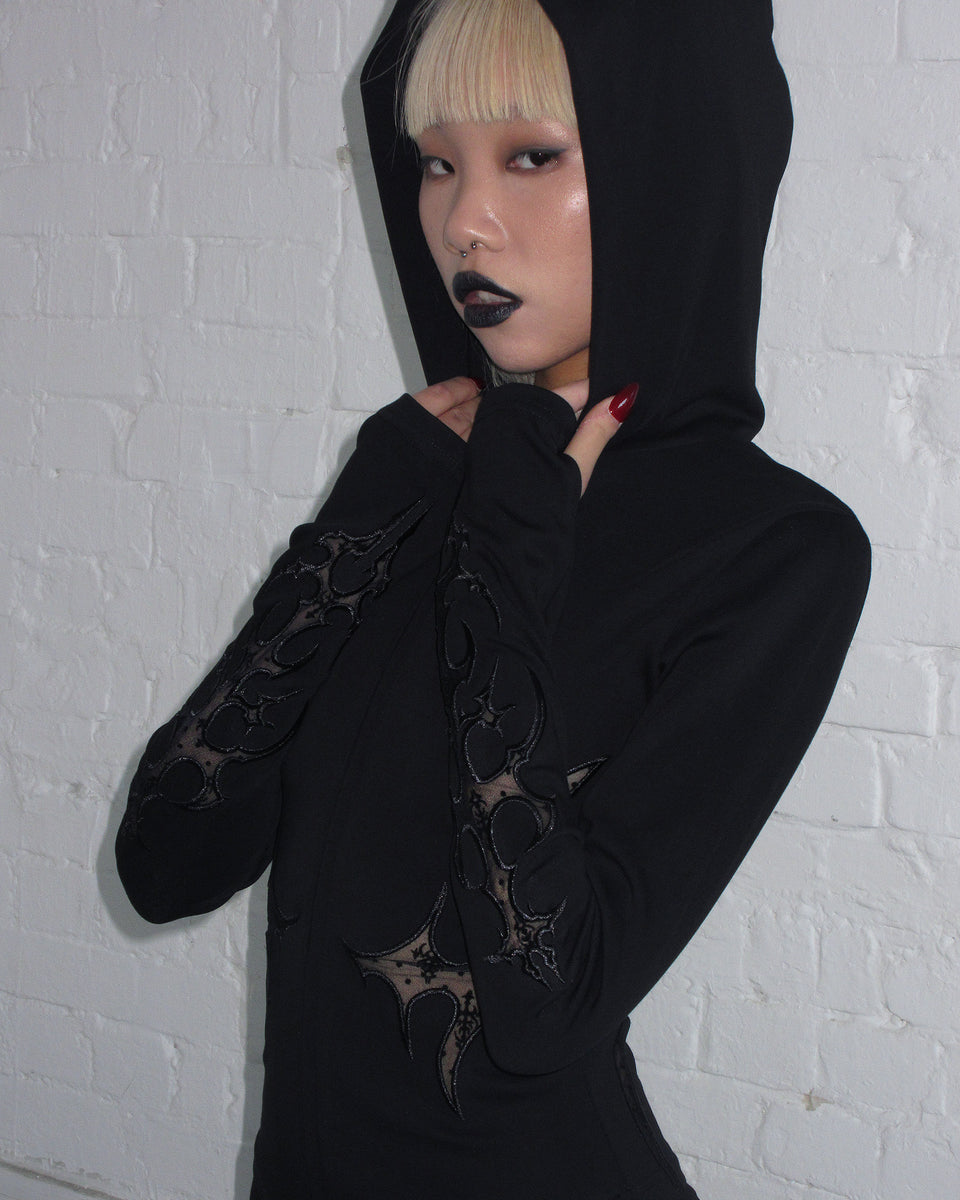 SINNER LACE CUT OUT SCULPT STRETCH ZIP HOODIE BLACK