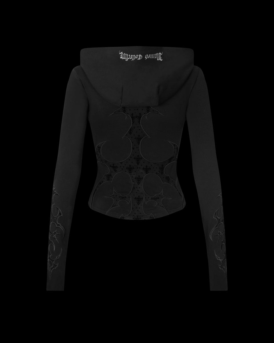 SINNER LACE CUT OUT SCULPT STRETCH ZIP HOODIE BLACK