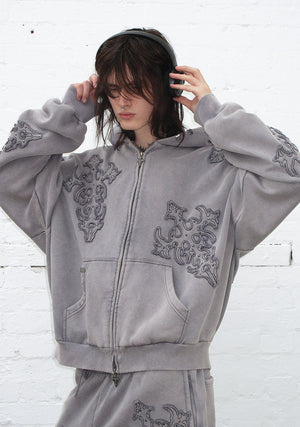 SINNER STUDDED ZIP HOODIE GREY VINTAGE WASH
