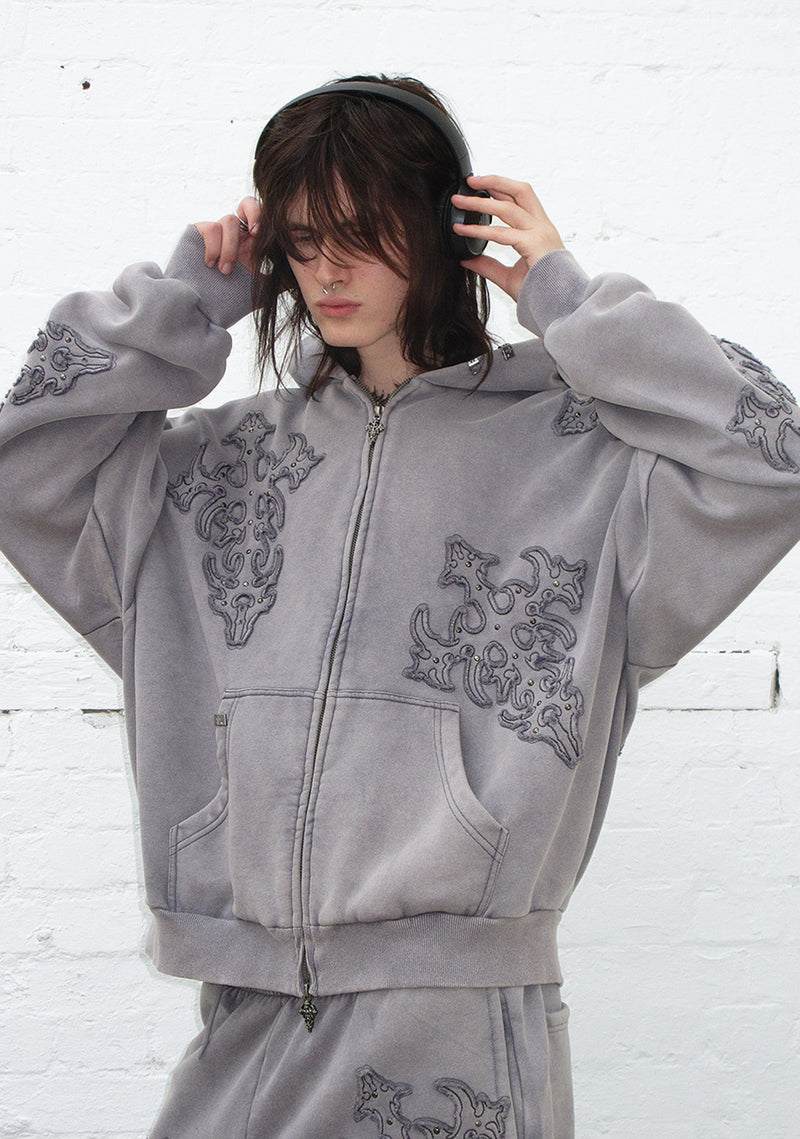 SINNER STUDDED ZIP HOODIE GREY VINTAGE WASH