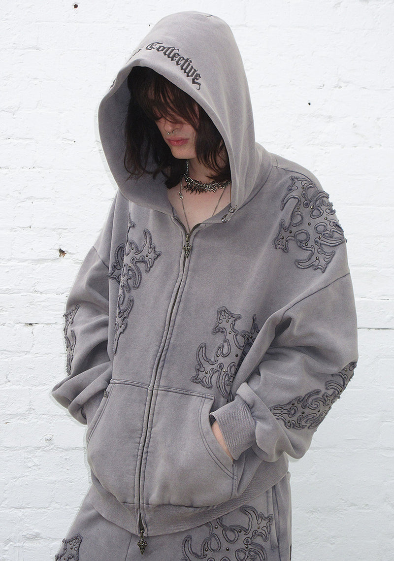 SINNER STUDDED ZIP HOODIE GREY VINTAGE WASH