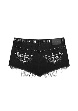 SLATE STUDDED MINI DENIM HOTPANTS WASHED BLACK