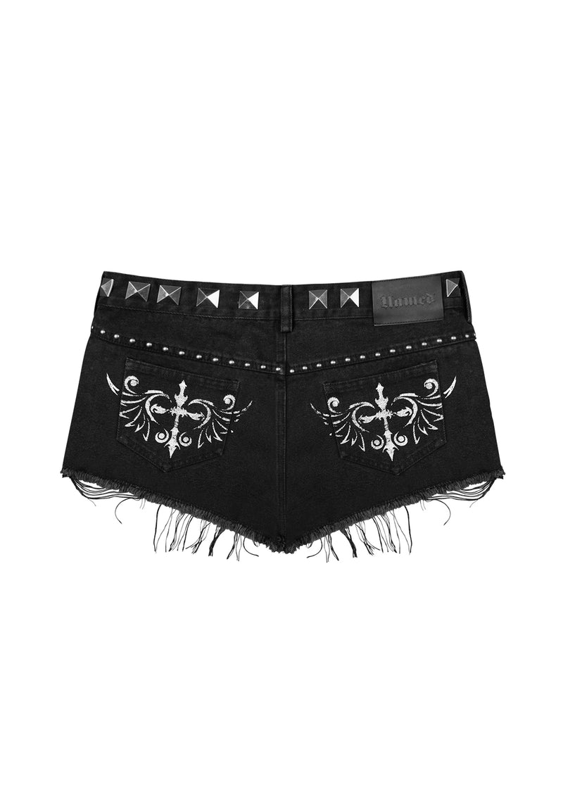 SLATE STUDDED MINI DENIM HOTPANTS WASHED BLACK