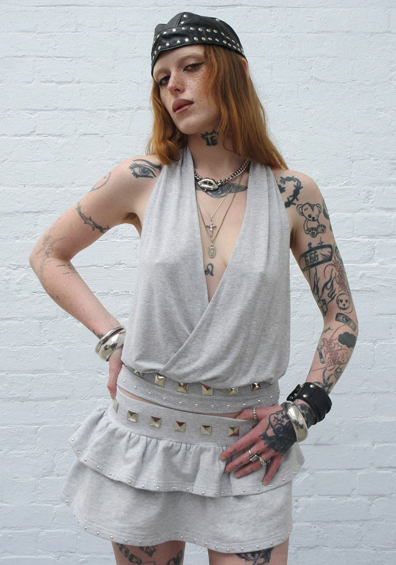 SLEAZE STUDDED DRAPED TOP GREY MARL