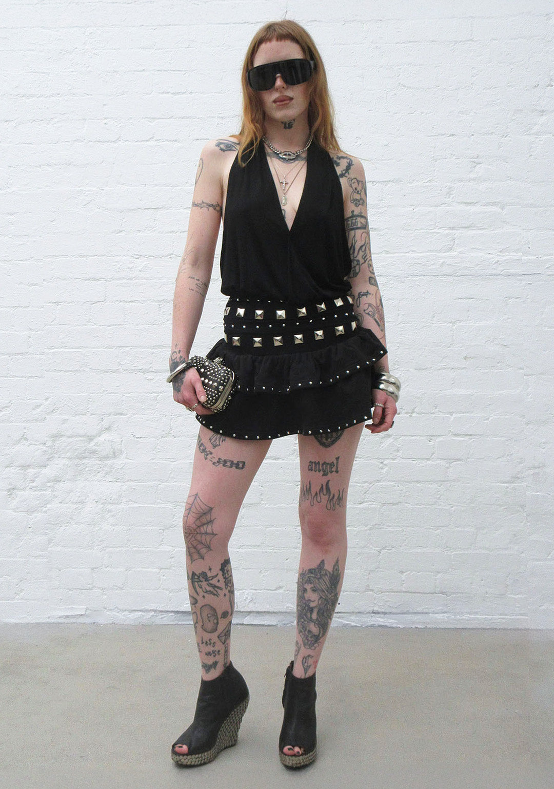 SLEAZE STUDDED RUFFLE MICRO SKIRT BLACK