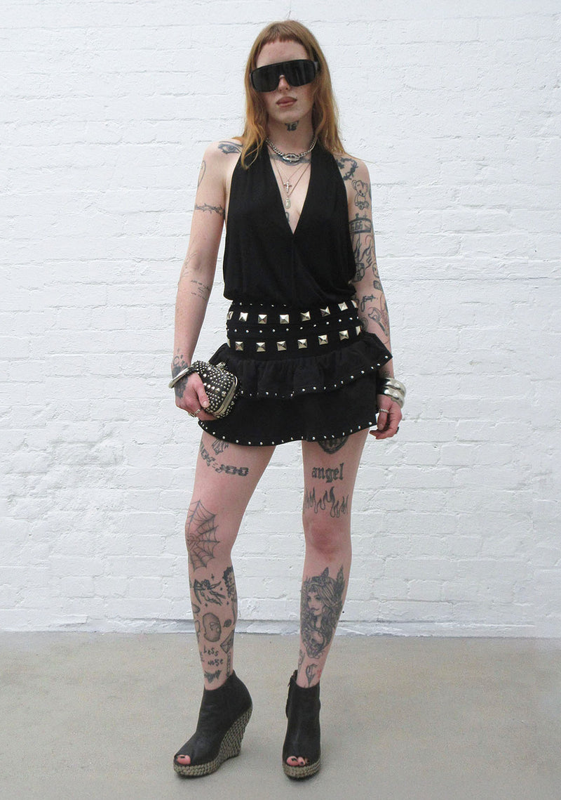 SLEAZE STUDDED RUFFLE MICRO SKIRT BLACK