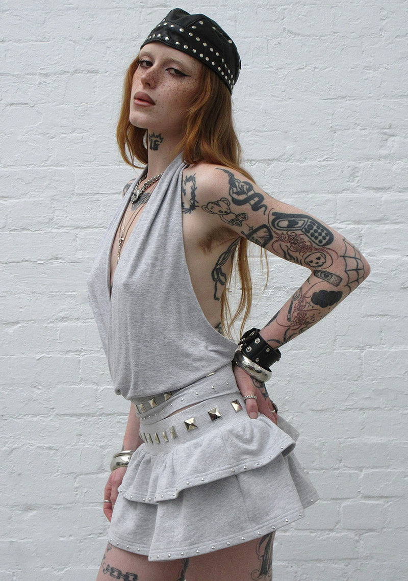 SLEAZE STUDDED RUFFLE MICRO SKIRT GREY MARL
